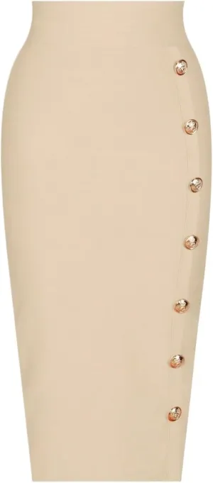 Women's Basic Spring Button Detail Pencil Midi Skirt Natural Elegant Button Front Casual Skirts