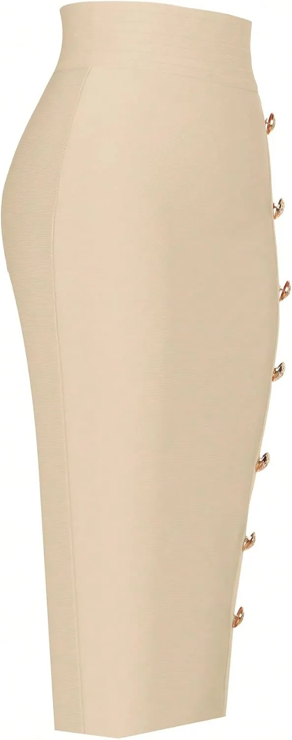 Women's Basic Spring Button Detail Pencil Midi Skirt Natural Elegant Button Front Casual Skirts