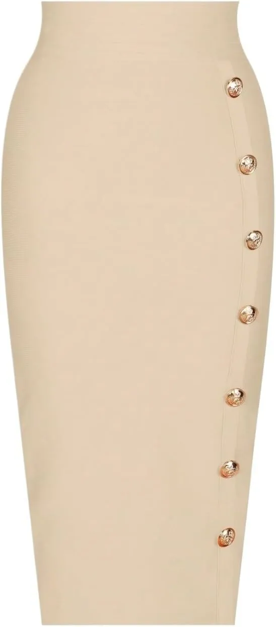Women's Basic Spring Button Detail Pencil Midi Skirt Natural Elegant Button Front Casual Skirts