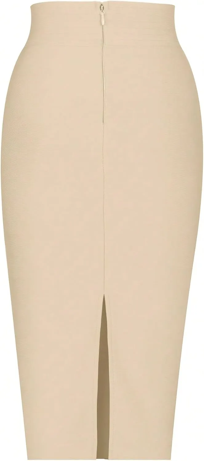 Women's Basic Spring Button Detail Pencil Midi Skirt Natural Elegant Button Front Casual Skirts