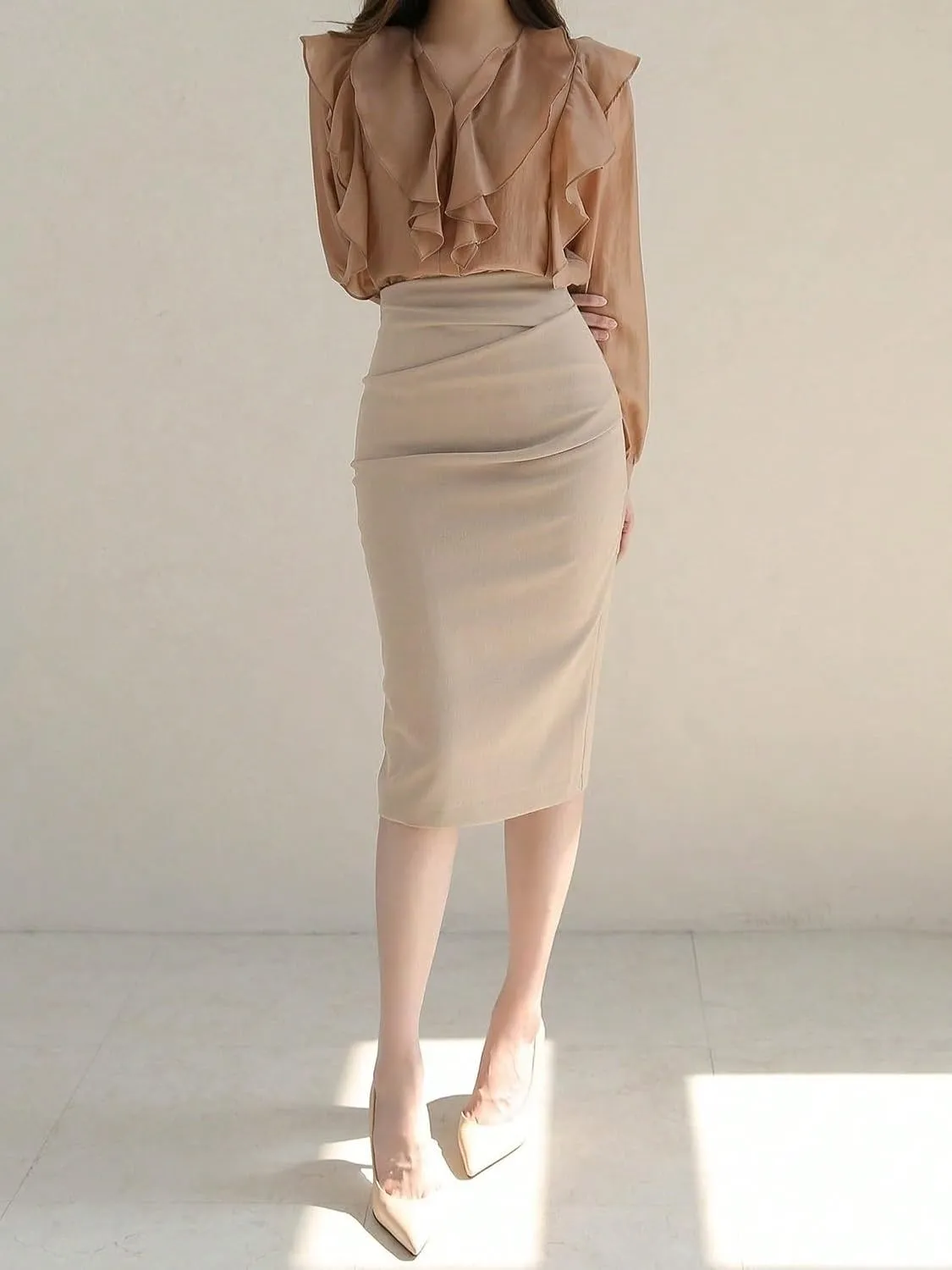 Women's Basic Summer Natural Solid Ruched Pencil Midi Skirt Elegant Skinny Slight Casual Skirts