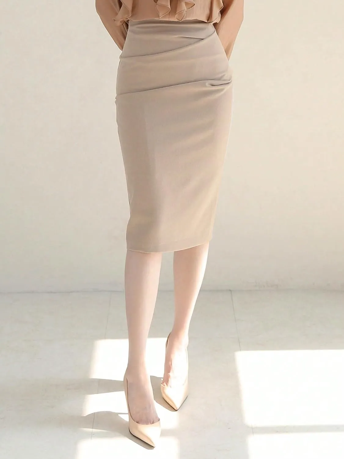 Women's Basic Summer Natural Solid Ruched Pencil Midi Skirt Elegant Skinny Slight Casual Skirts