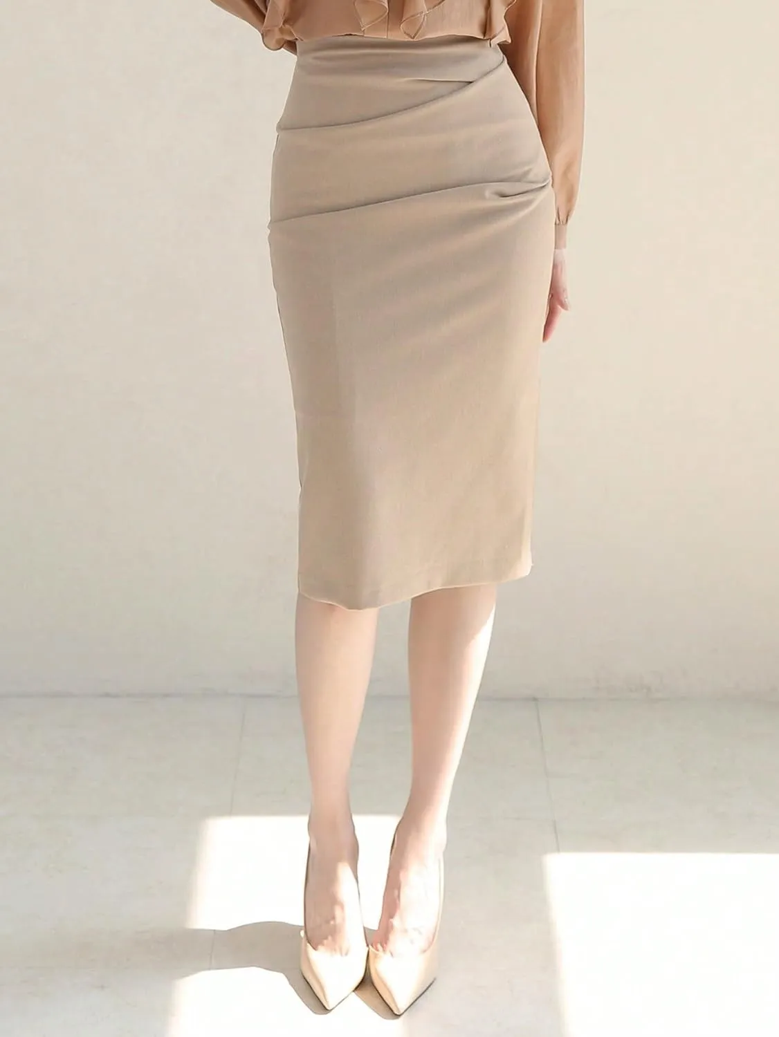 Women's Basic Summer Natural Solid Ruched Pencil Midi Skirt Elegant Skinny Slight Casual Skirts