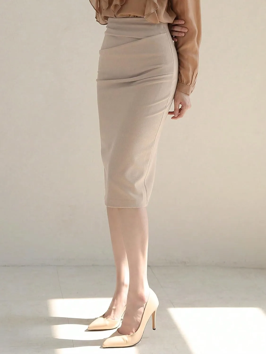 Women's Basic Summer Natural Solid Ruched Pencil Midi Skirt Elegant Skinny Slight Casual Skirts