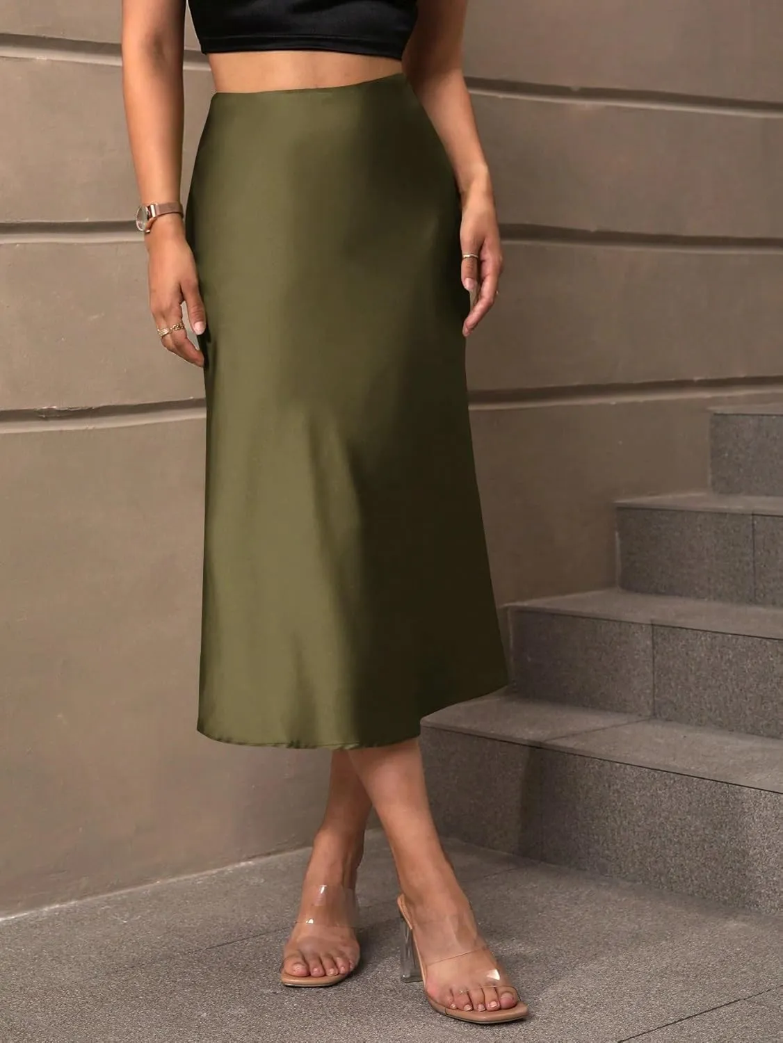 Women's Basic Summer Women's & Elegant Solid Color Hem Midi Skirt A Line High Waist Casual Skirts