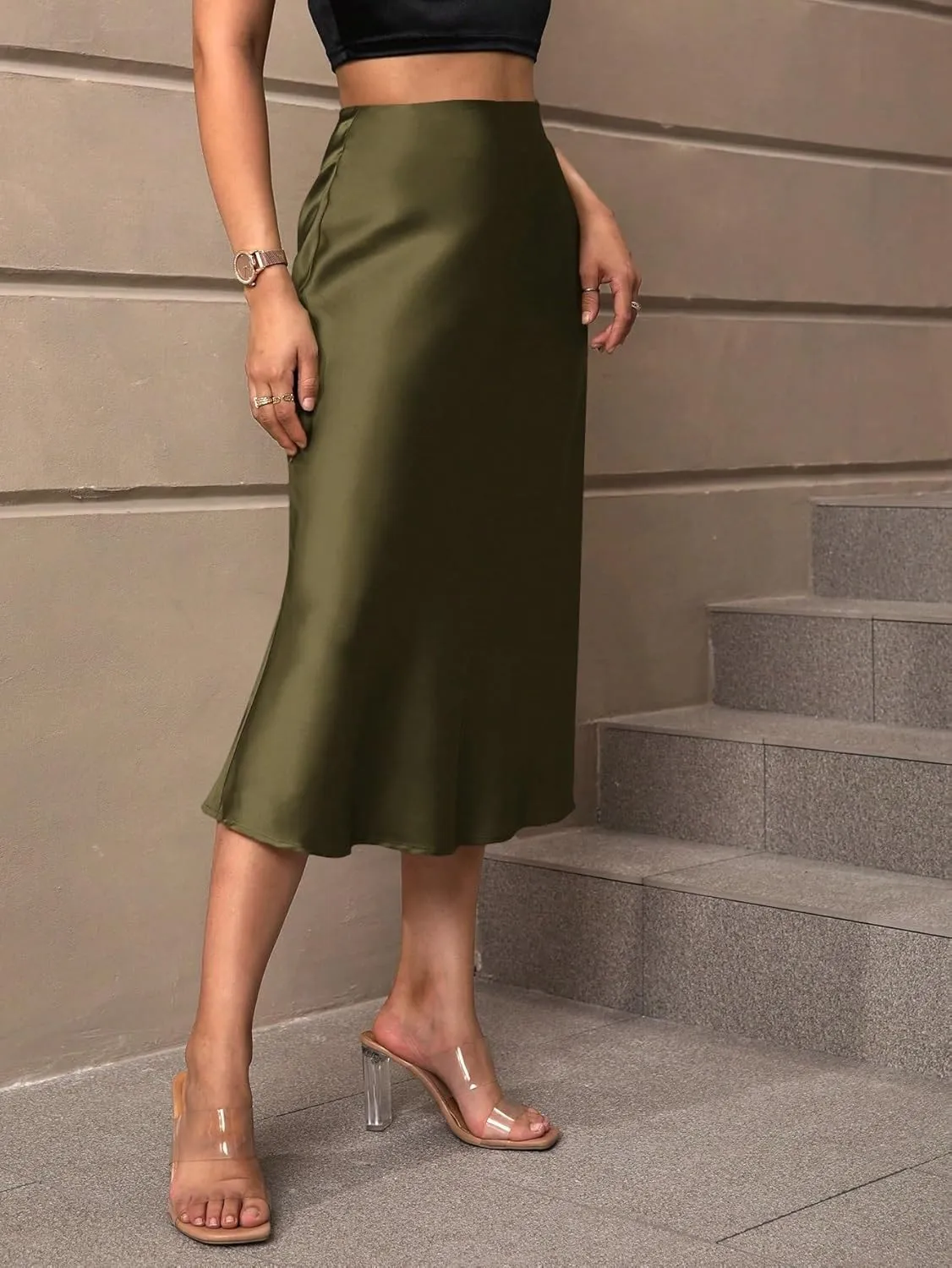 Women's Basic Summer Women's & Elegant Solid Color Hem Midi Skirt A Line High Waist Casual Skirts