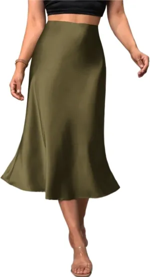 Women's Basic Summer Women's & Elegant Solid Color Hem Midi Skirt A Line High Waist Casual Skirts