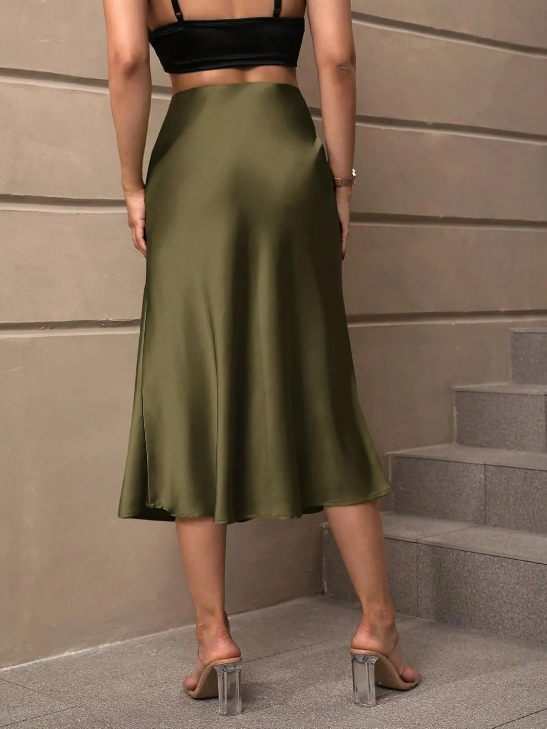 Women's Basic Summer Women's & Elegant Solid Color Hem Midi Skirt A Line High Waist Casual Skirts