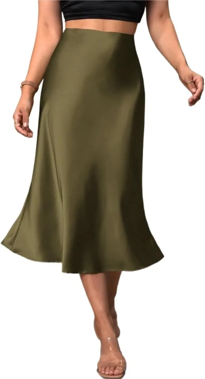 Women's Basic Summer Women's & Elegant Solid Color Hem Midi Skirt A Line High Waist Casual Skirts