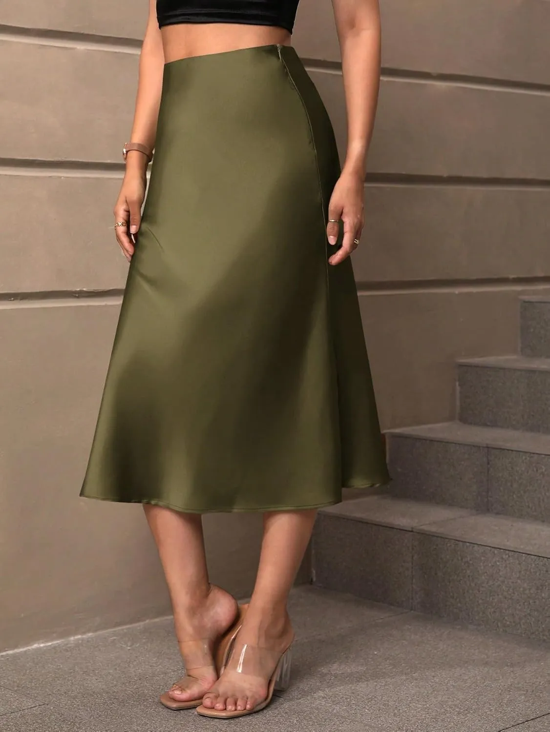 Women's Basic Summer Women's & Elegant Solid Color Hem Midi Skirt A Line High Waist Casual Skirts