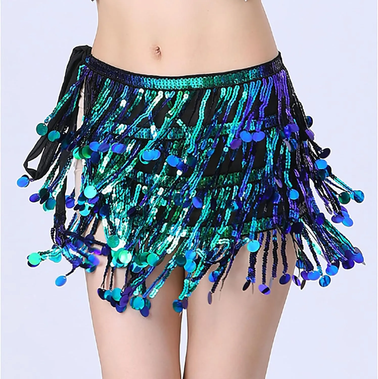 Womens Belly Dance Hip Scarf with Sparkly Fringe, Rave Party Sequin Skirt Club Costume Festival Tassel Skirt