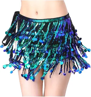 Womens Belly Dance Hip Scarf with Sparkly Fringe, Rave Party Sequin Skirt Club Costume Festival Tassel Skirt