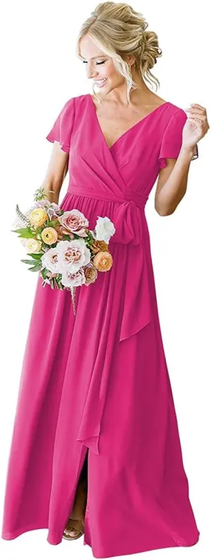 Women's Bridesmaid Dresses for Wedding with Sleeves Long Modest A Line Chiffon Fuchsia Formal Evening Gowns Size 12