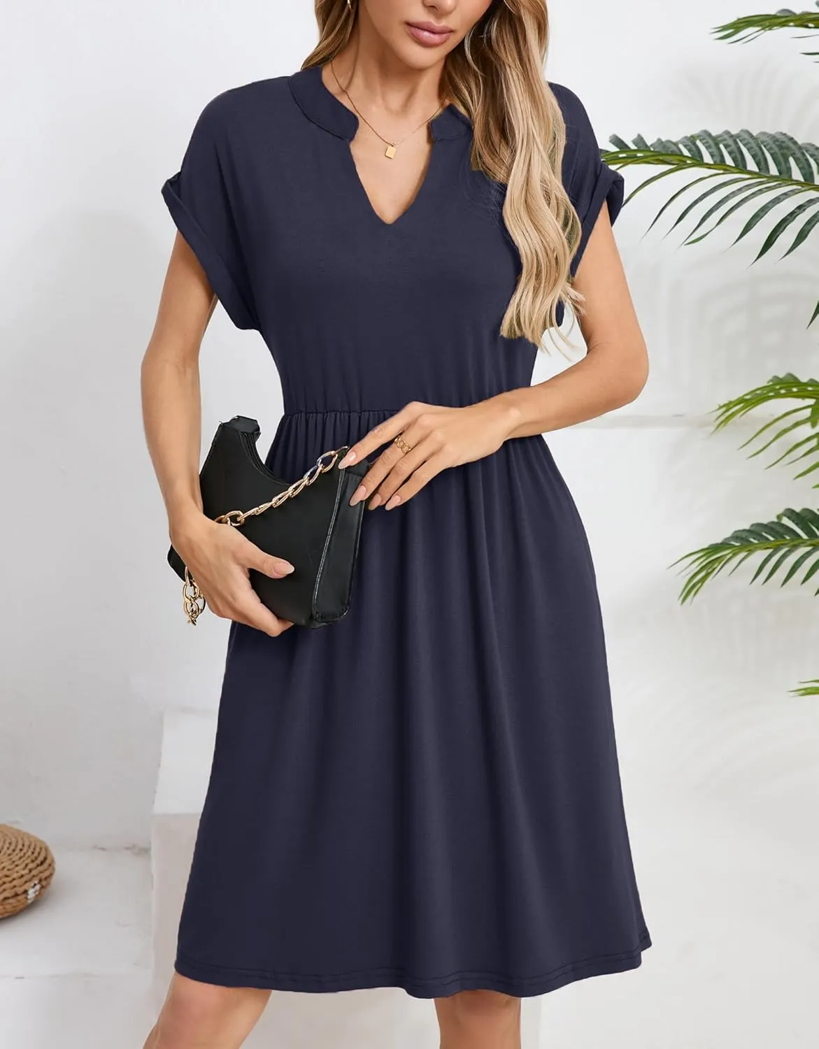 Womens Casual Midi Dress Short Sleeve Solid Color Summer Dresses with Pockets