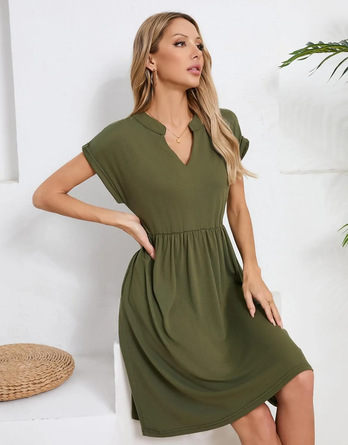 Womens Casual Midi Dress Short Sleeve Solid Color Summer Dresses with Pockets