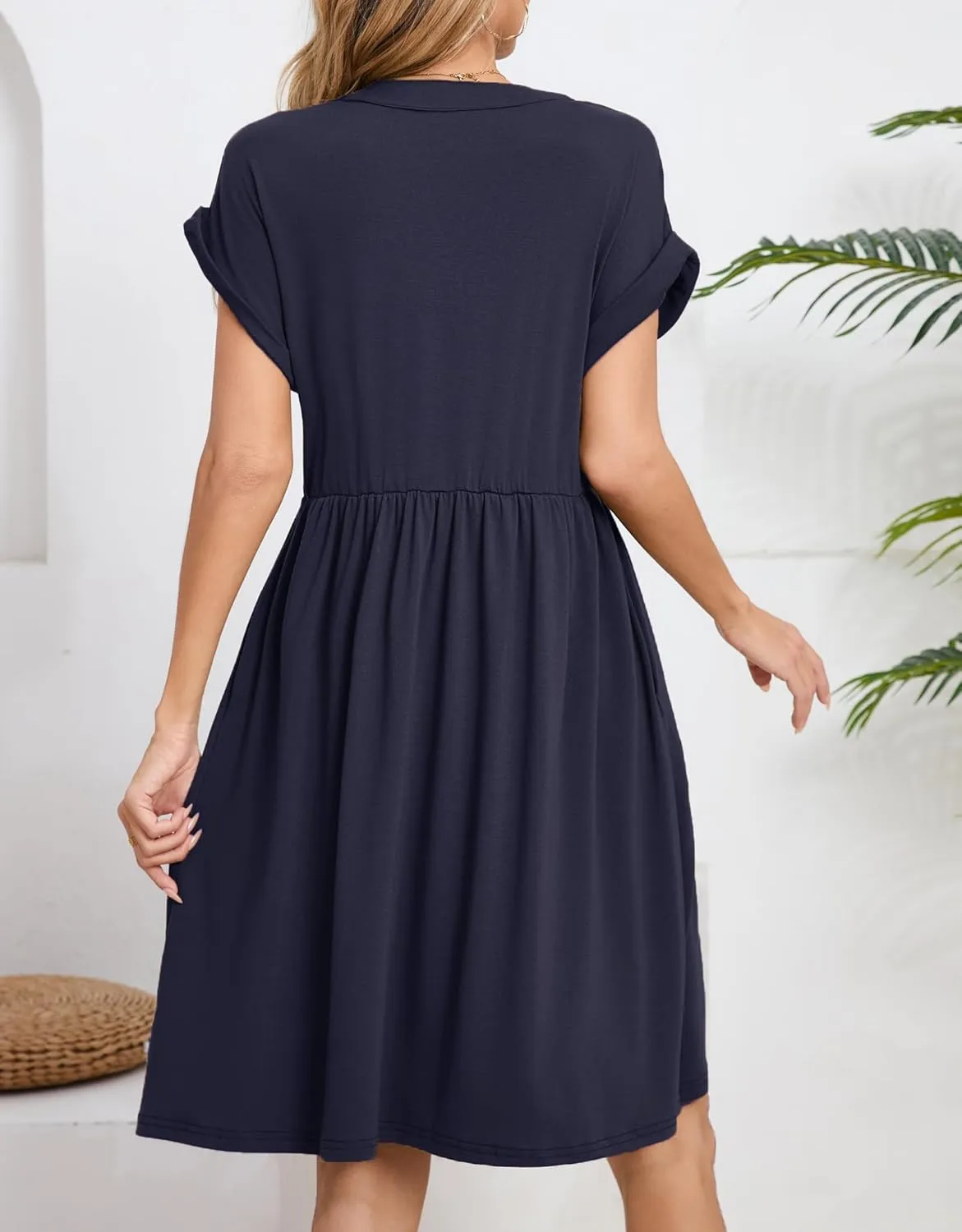Womens Casual Midi Dress Short Sleeve Solid Color Summer Dresses with Pockets