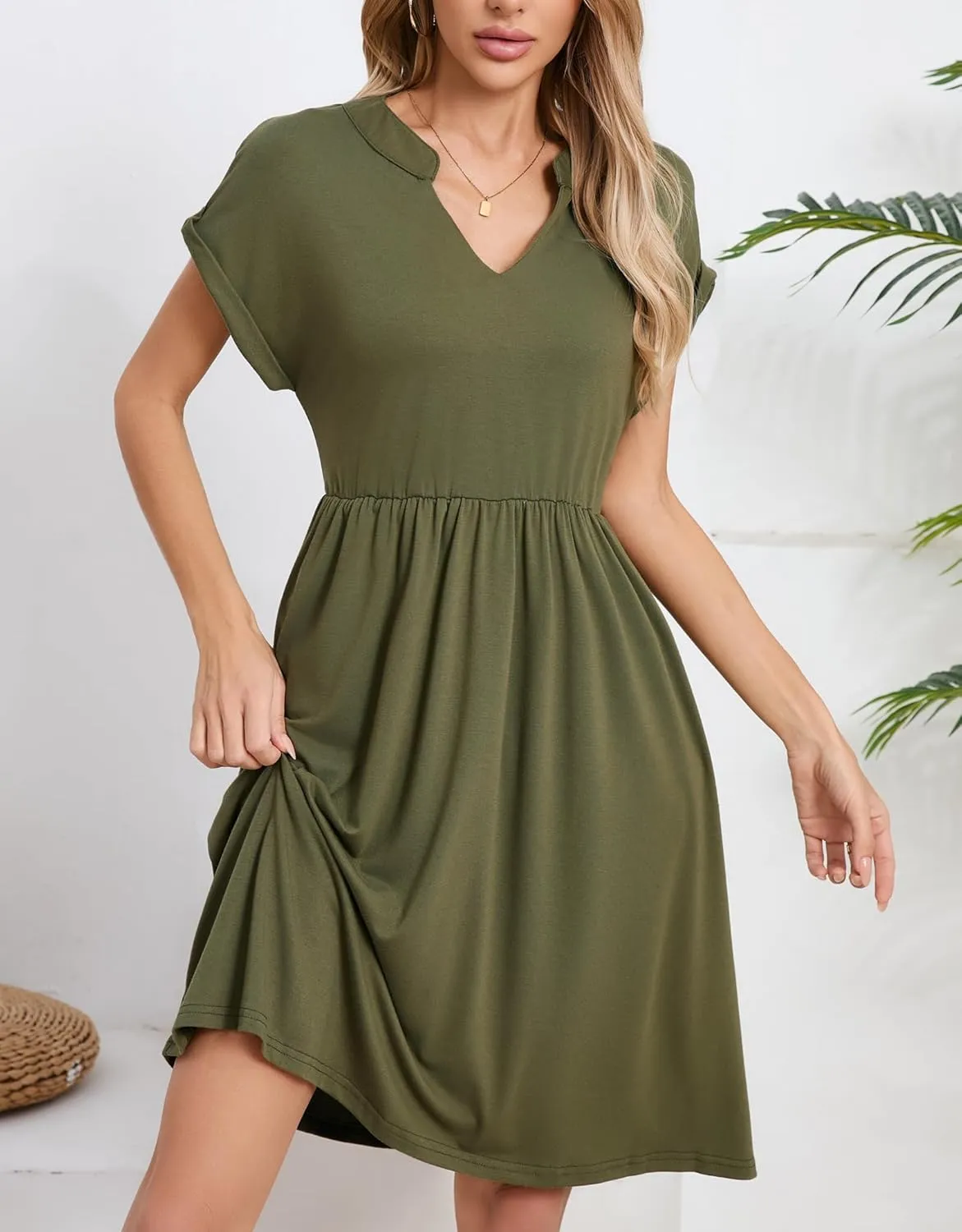 Womens Casual Midi Dress Short Sleeve Solid Color Summer Dresses with Pockets