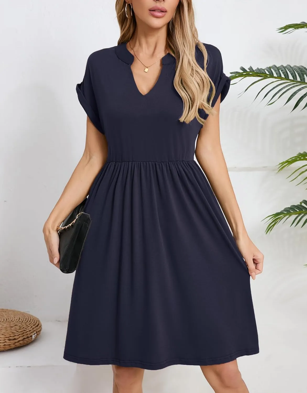 Womens Casual Midi Dress Short Sleeve Solid Color Summer Dresses with Pockets