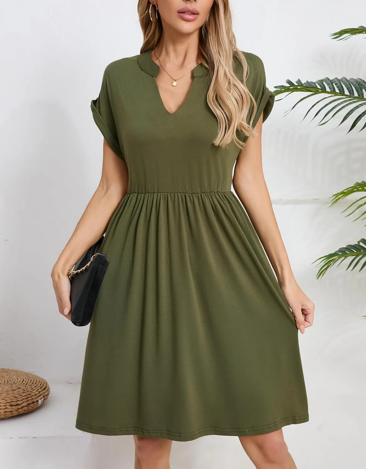 Womens Casual Midi Dress Short Sleeve Solid Color Summer Dresses with Pockets
