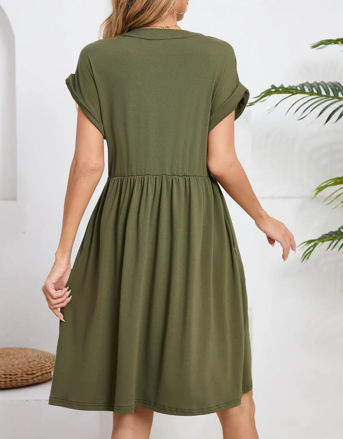 Womens Casual Midi Dress Short Sleeve Solid Color Summer Dresses with Pockets