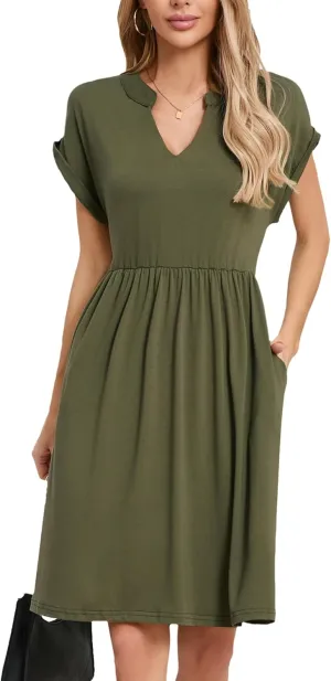 Womens Casual Midi Dress Short Sleeve Solid Color Summer Dresses with Pockets