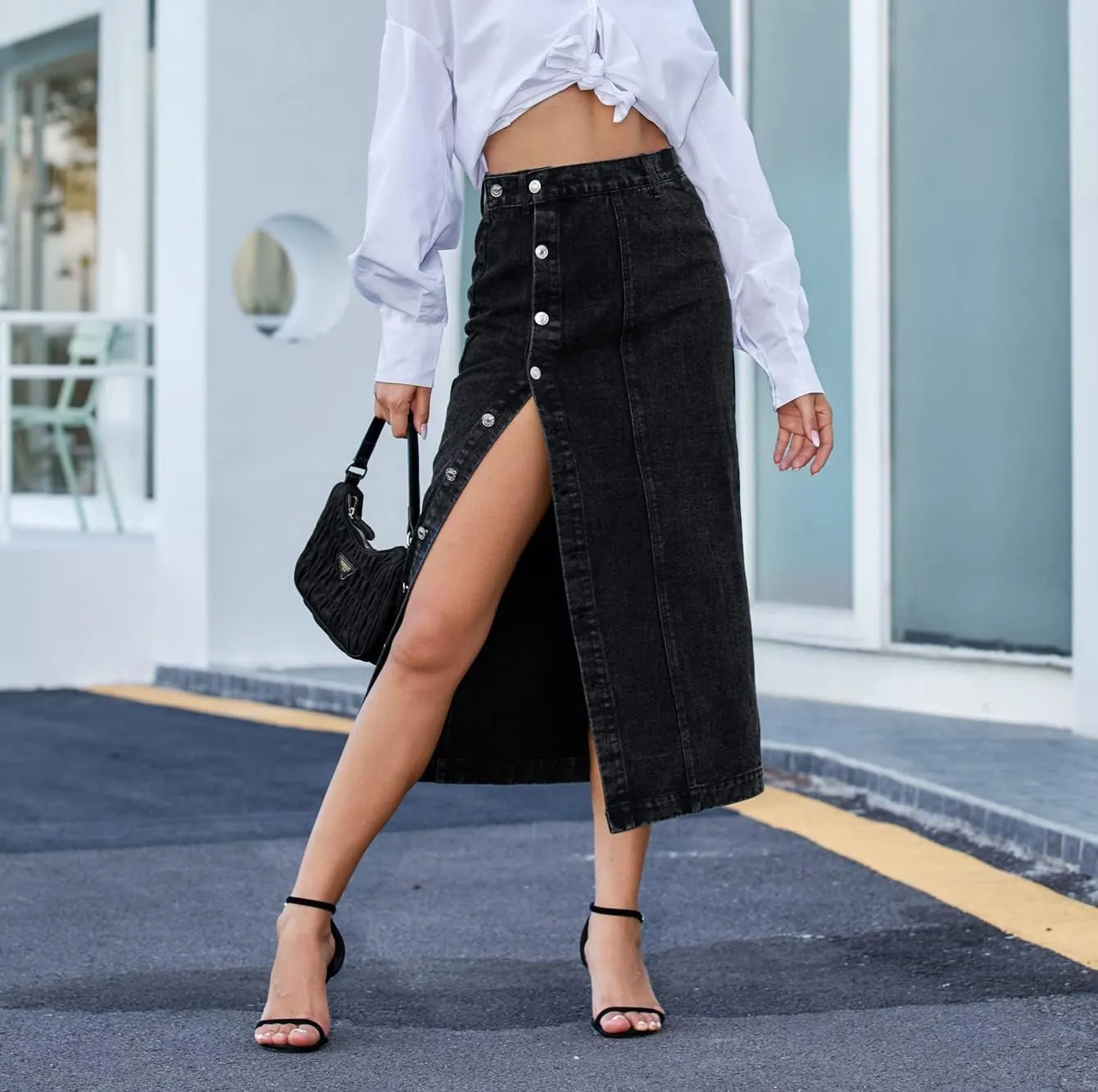 Womens Casual Slit Denim Midi Jean Skirt Stretch High Waist Frayed Button Up with Pockets