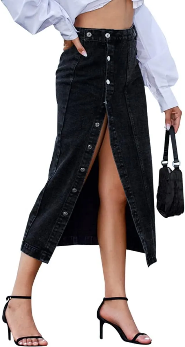 Womens Casual Slit Denim Midi Jean Skirt Stretch High Waist Frayed Button Up with Pockets