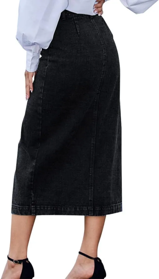 Womens Casual Slit Denim Midi Jean Skirt Stretch High Waist Frayed Button Up with Pockets