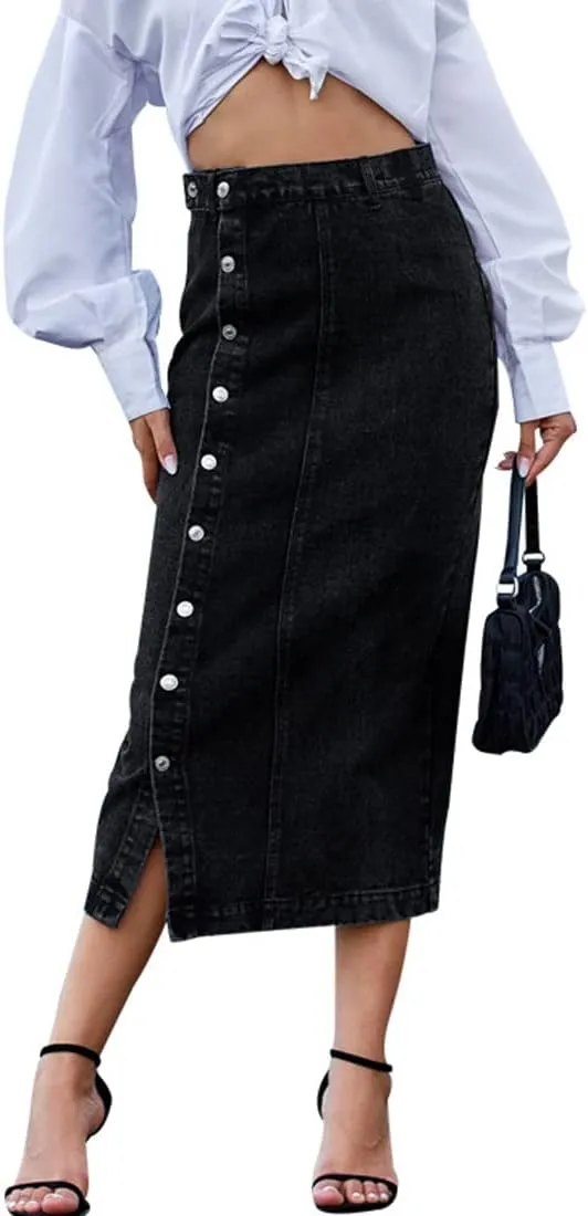 Womens Casual Slit Denim Midi Jean Skirt Stretch High Waist Frayed Button Up with Pockets