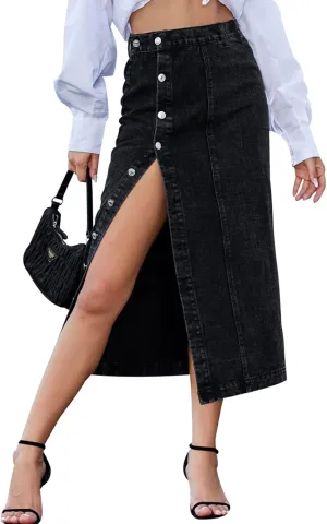 Womens Casual Slit Denim Midi Jean Skirt Stretch High Waist Frayed Button Up with Pockets