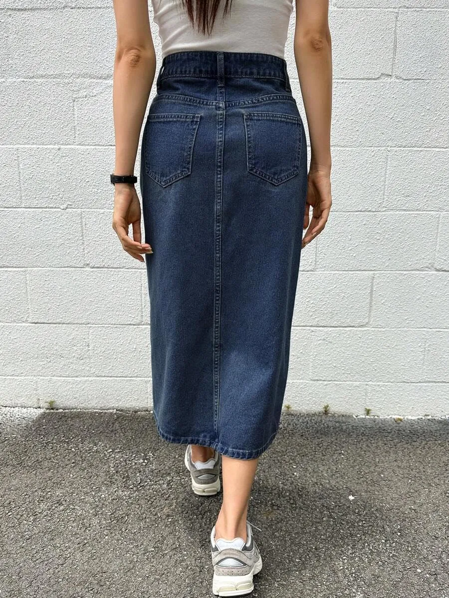 Women's Casual Slit Denim Midi Jean Skirt Stretch High Waisted Button Up Frayed with Pockets