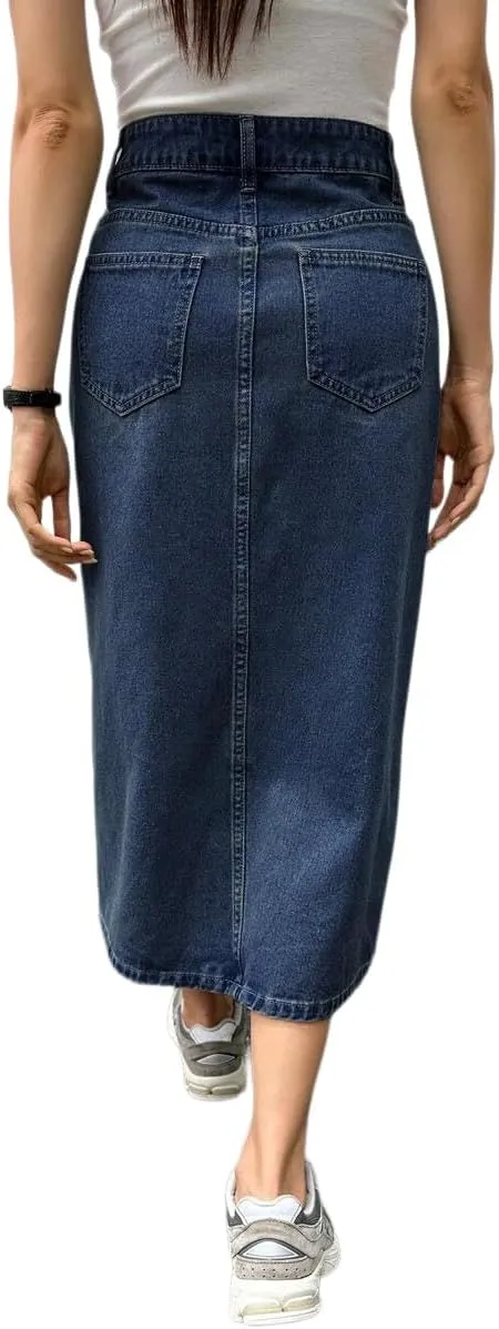 Women's Casual Slit Denim Midi Jean Skirt Stretch High Waisted Button Up Frayed with Pockets