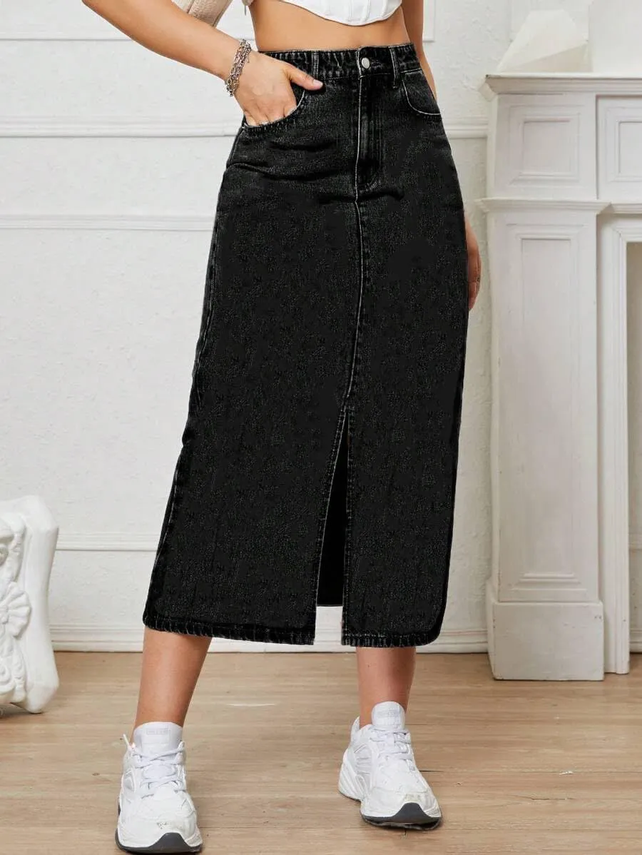 Women's Casual Slit Denim Midi Jean Skirt Stretch High Waisted Button Up Frayed with Pockets