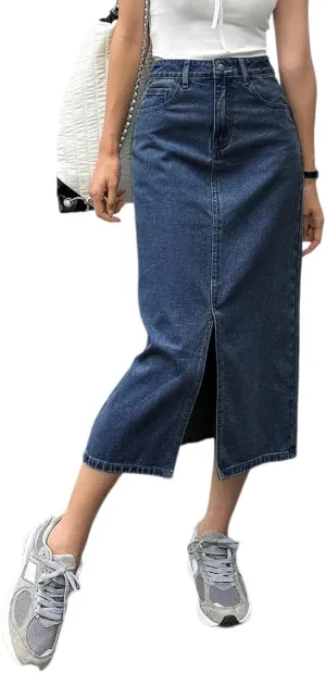 Women's Casual Slit Denim Midi Jean Skirt Stretch High Waisted Button Up Frayed with Pockets