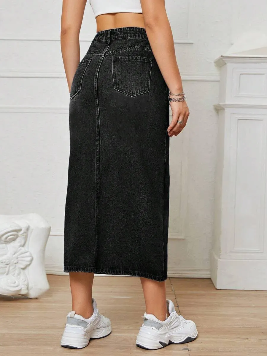 Women's Casual Slit Denim Midi Jean Skirt Stretch High Waisted Button Up Frayed with Pockets