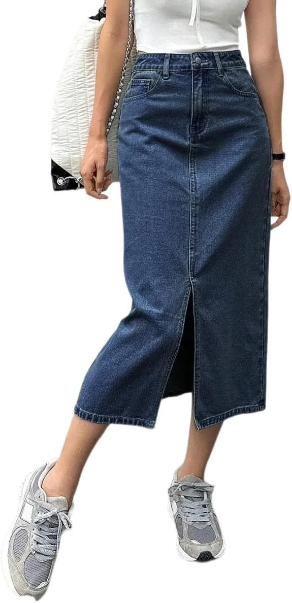 Women's Casual Slit Denim Midi Jean Skirt Stretch High Waisted Button Up Frayed with Pockets