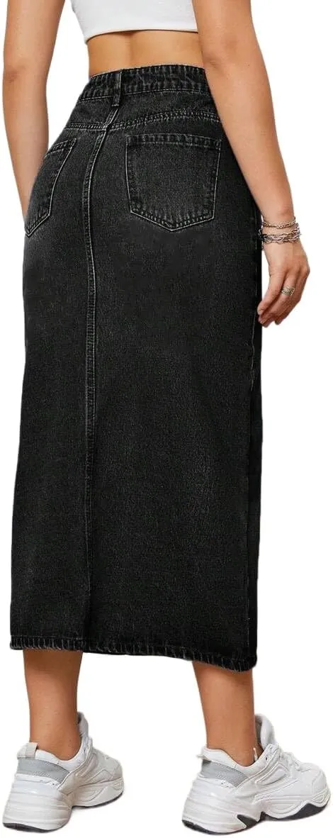 Women's Casual Slit Denim Midi Jean Skirt Stretch High Waisted Button Up Frayed with Pockets