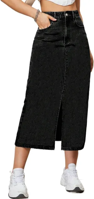 Women's Casual Slit Denim Midi Jean Skirt Stretch High Waisted Button Up Frayed with Pockets