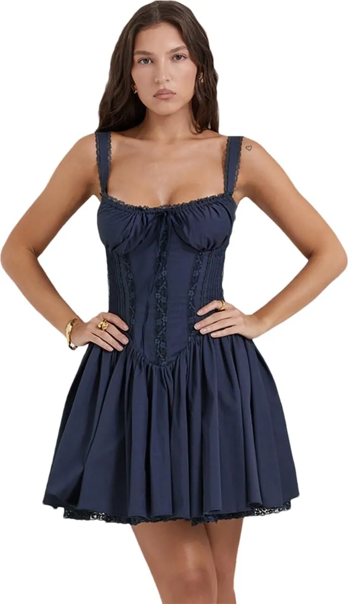 Women's Casual Summer Patchwork Dress Spaghetti Strap Square Neck Ruffle Swing Mini Sexy Short Skirt Mini Dress