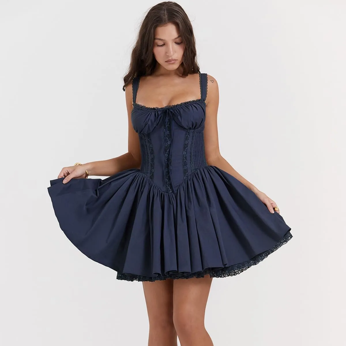 Women's Casual Summer Patchwork Dress Spaghetti Strap Square Neck Ruffle Swing Mini Sexy Short Skirt Mini Dress