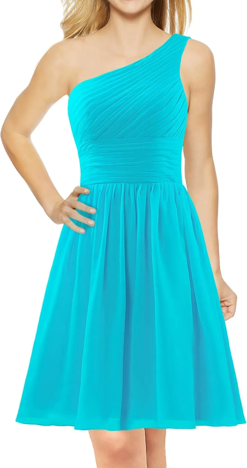 Women's Chiffon One Shoulder Bridesmaid Dresses Short Evening Dress