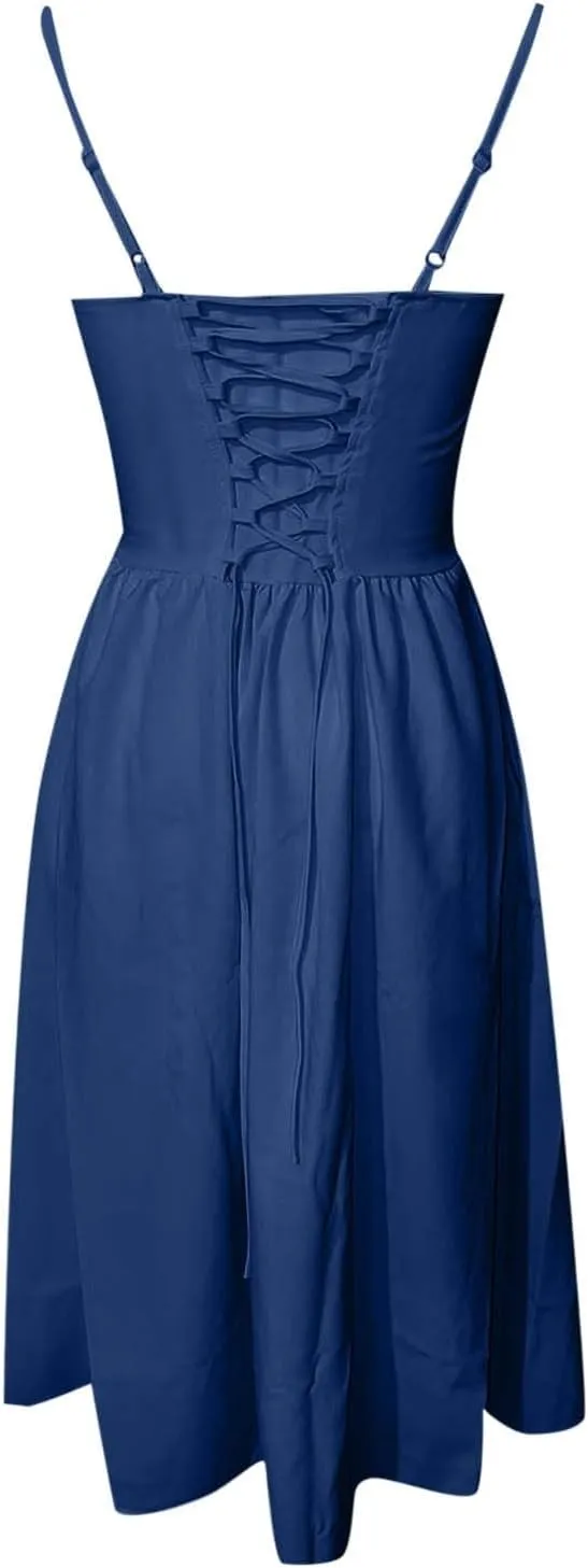 Womens Corset Dress Elegant Spaghetti Strap Bustier Midi Dress Low Cut Flowy Pleated Hem Formal Dresses with Pockets