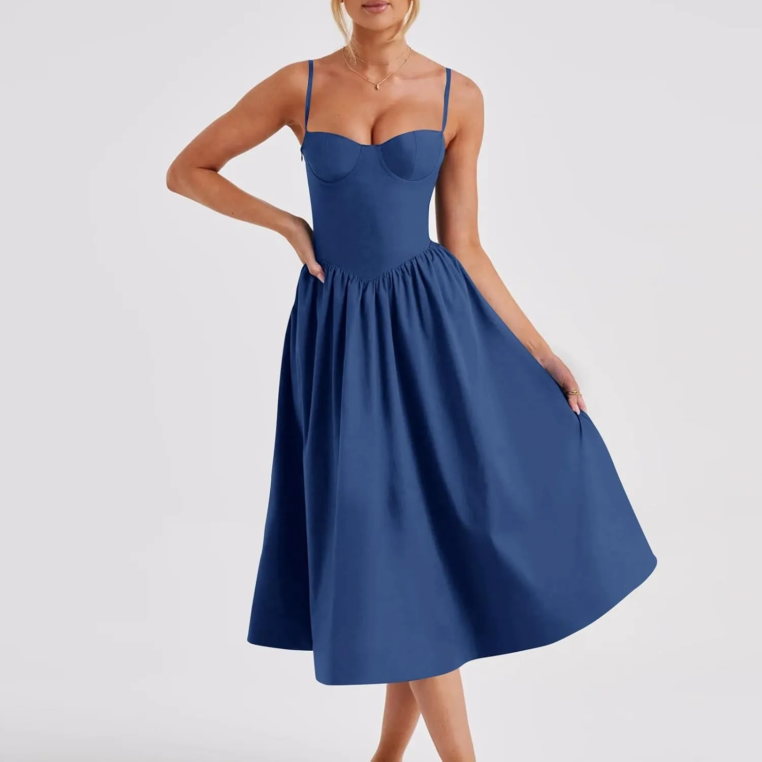 Womens Corset Dress Elegant Spaghetti Strap Bustier Midi Dress Low Cut Flowy Pleated Hem Formal Dresses with Pockets