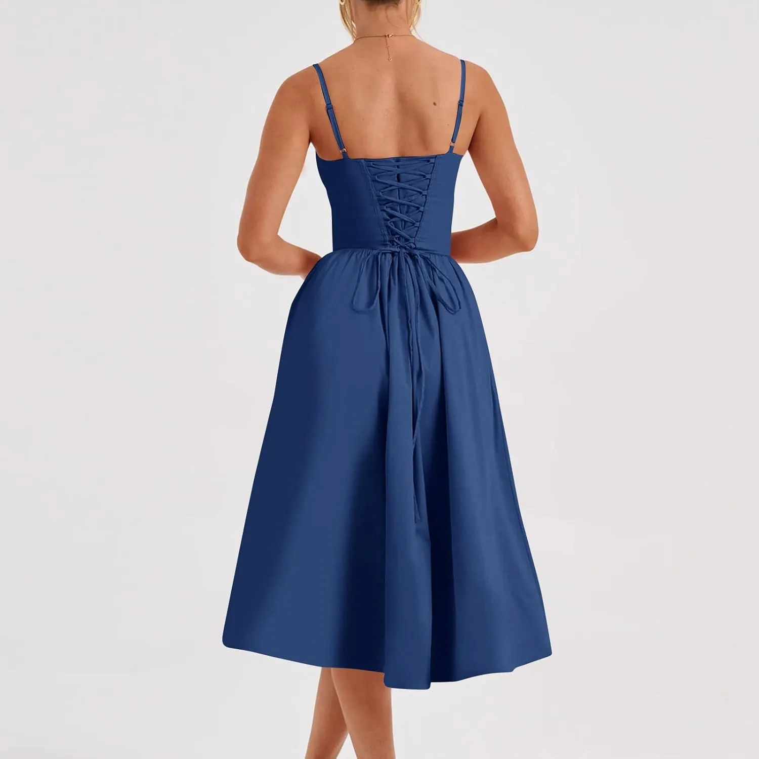 Womens Corset Dress Elegant Spaghetti Strap Bustier Midi Dress Low Cut Flowy Pleated Hem Formal Dresses with Pockets