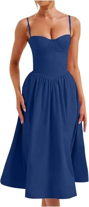 Womens Corset Dress Elegant Spaghetti Strap Bustier Midi Dress Low Cut Flowy Pleated Hem Formal Dresses with Pockets