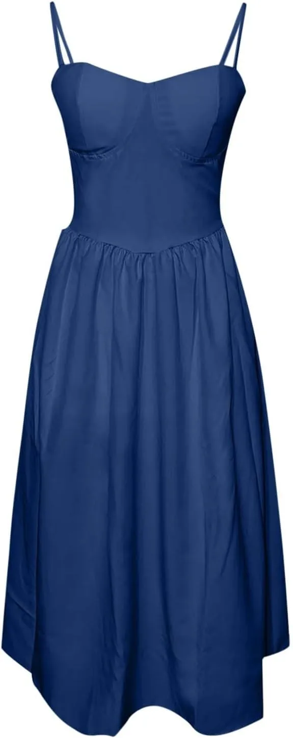 Womens Corset Dress Elegant Spaghetti Strap Bustier Midi Dress Low Cut Flowy Pleated Hem Formal Dresses with Pockets