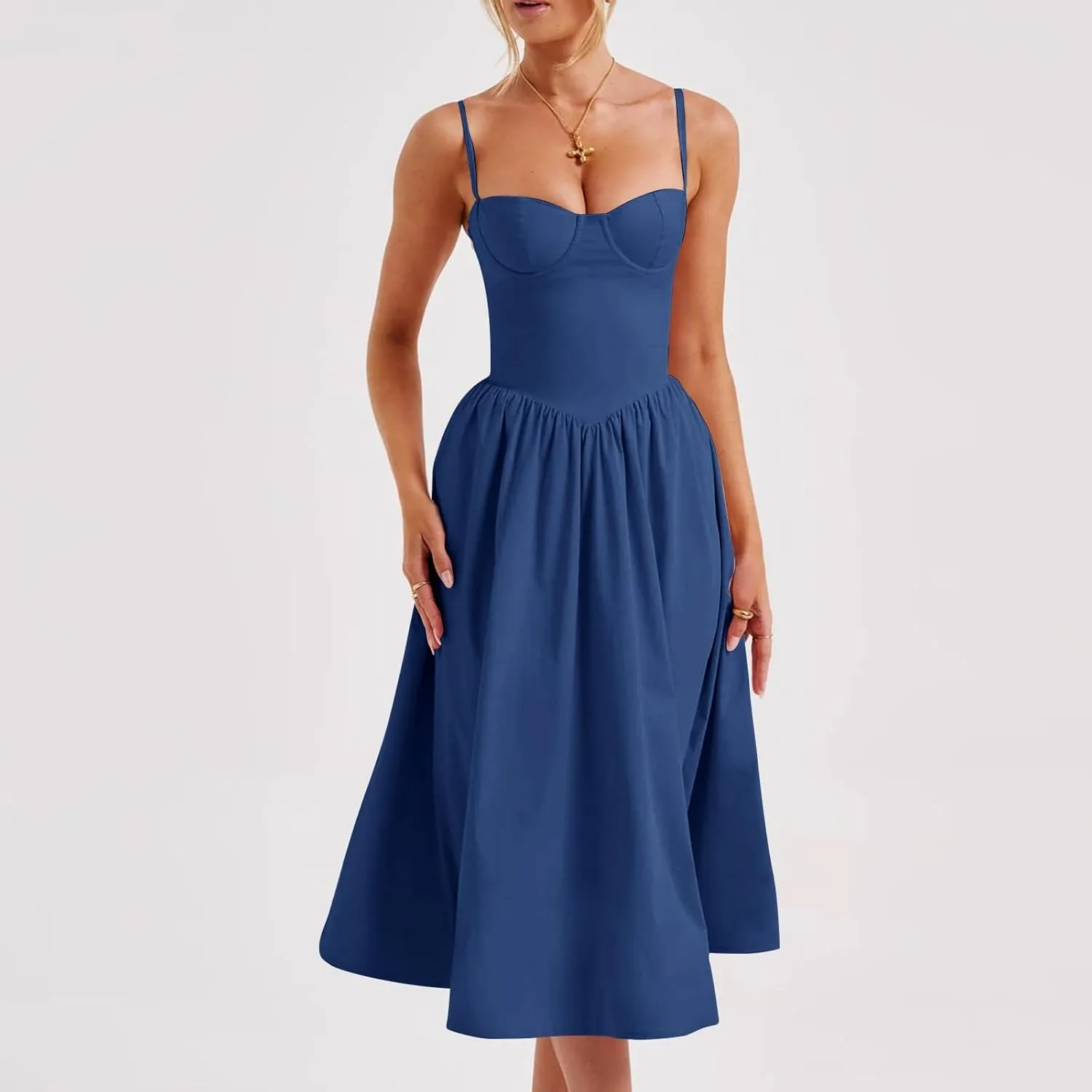Womens Corset Dress Elegant Spaghetti Strap Bustier Midi Dress Low Cut Flowy Pleated Hem Formal Dresses with Pockets