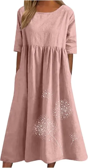Women's Cotton Linen Ruched Tshirt Dress Dandelion Print Casual Plus Size Midi Dresses Beach Flowy Dress with Pocket