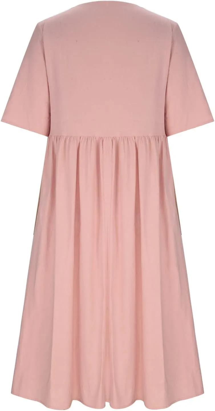 Women's Cotton Linen Ruched Tshirt Dress Dandelion Print Casual Plus Size Midi Dresses Beach Flowy Dress with Pocket