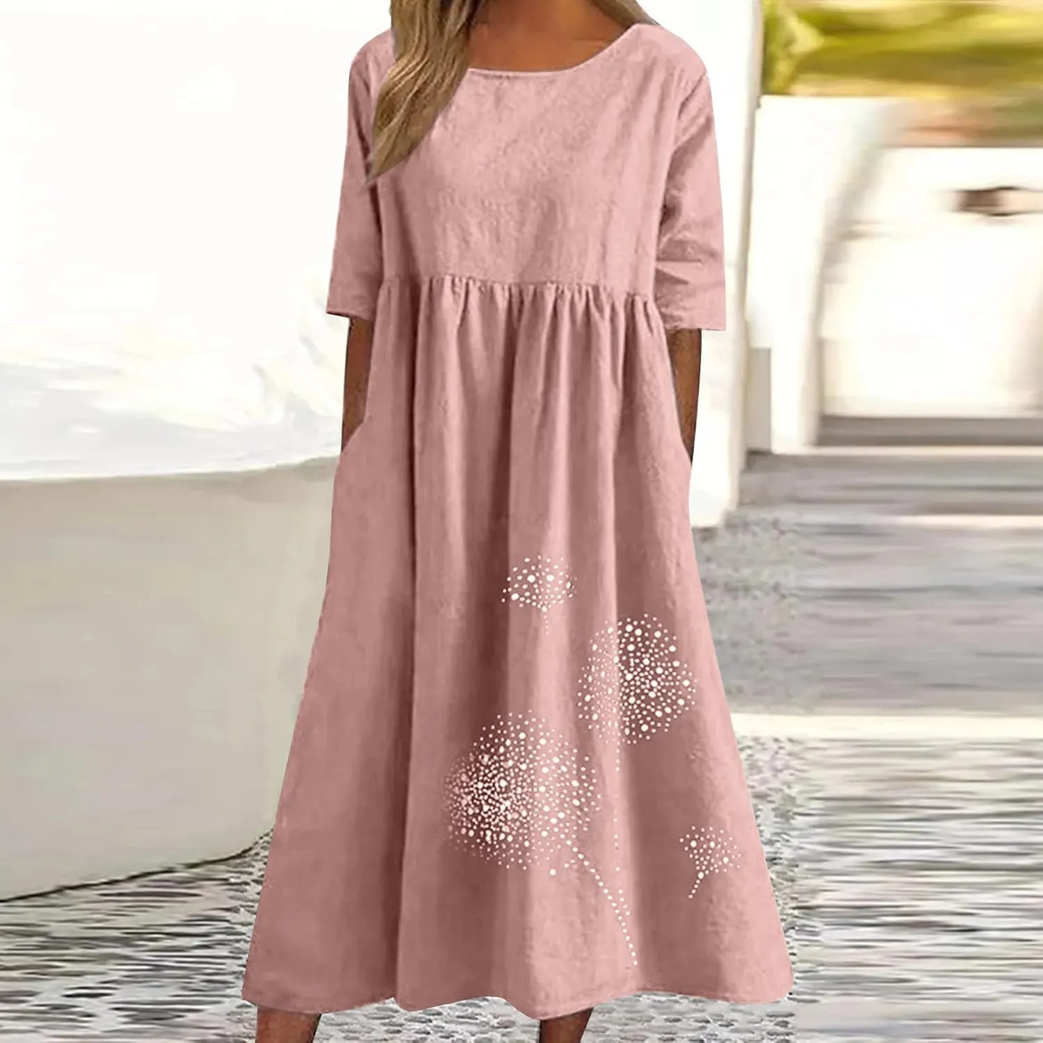 Women's Cotton Linen Ruched Tshirt Dress Dandelion Print Casual Plus Size Midi Dresses Beach Flowy Dress with Pocket
